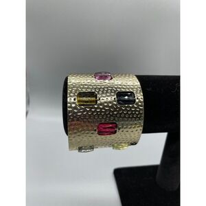 Hammered Gold Tone Multi Color Crystal Wide Cuff Statement Bracelet Boho